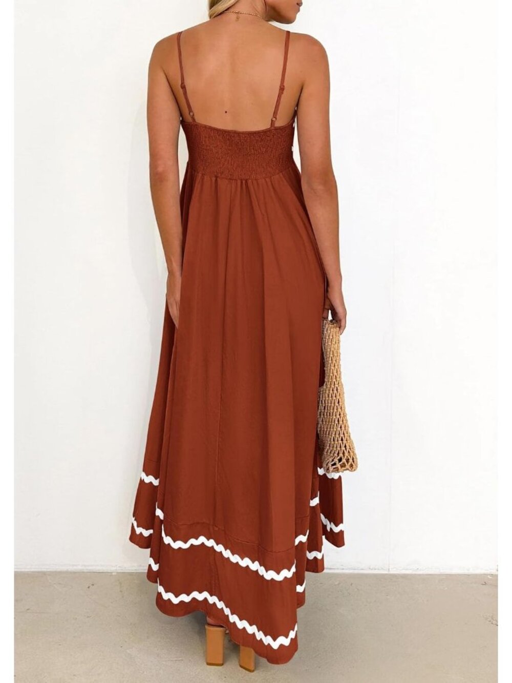 Women's Brown White Sleeveless Square Neck High Waist Pocket Maxi Dress - Picture 2 of 6
